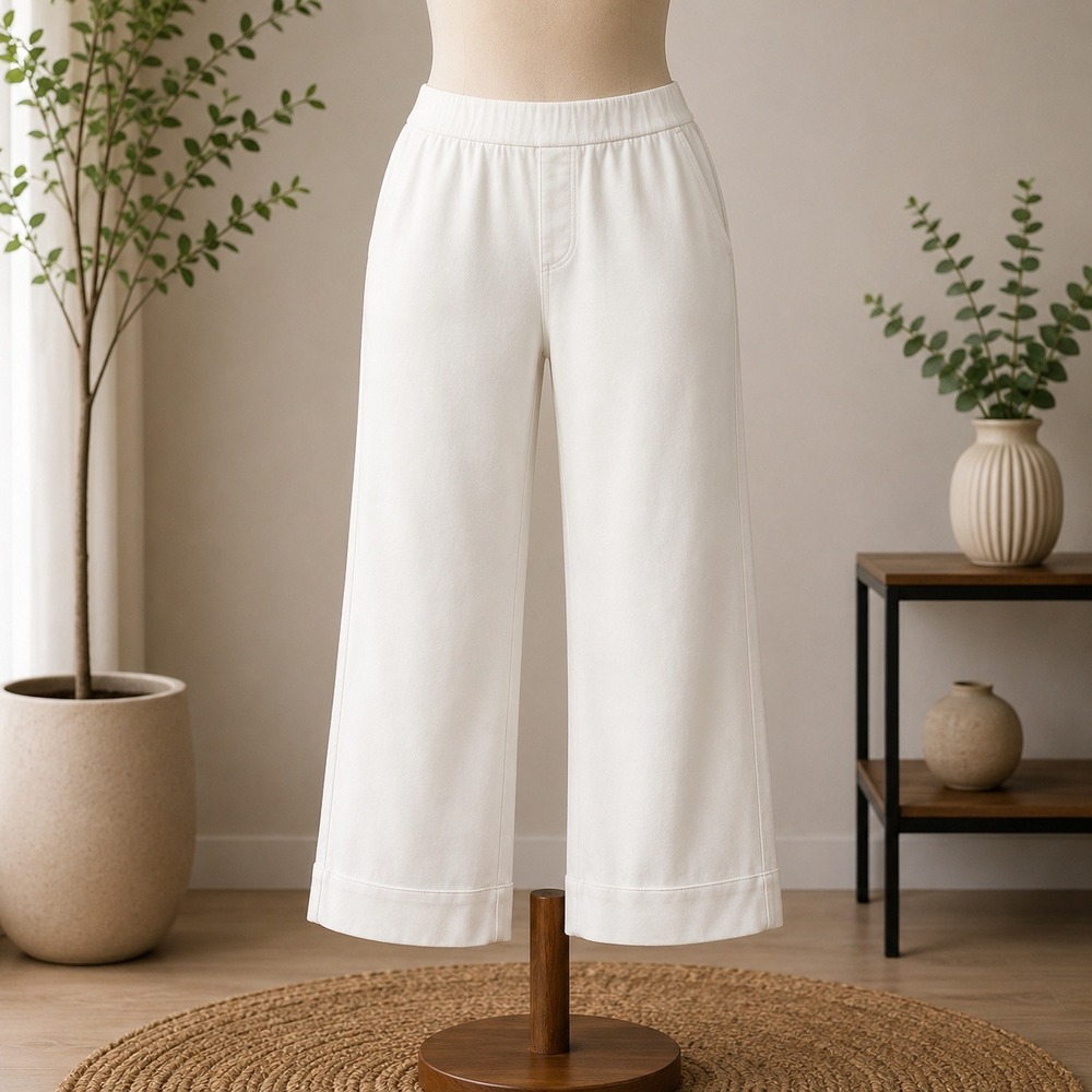 NEW Isaac Mizrahi Live Pants Womens 18WP White Denim Crop Stretch Elastic Waist